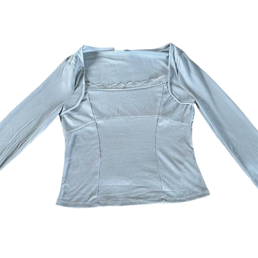 No comment Women's M Sky Blue Ribbed Corset Long Sleeve Crop Tee Lace Trim - Picture 7 of 9